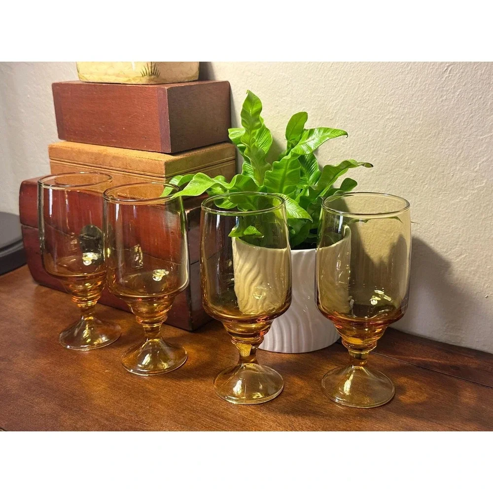 Vintage Amber Glass Goblets — Set of 4, Mid‑Century Pedestal Glassware